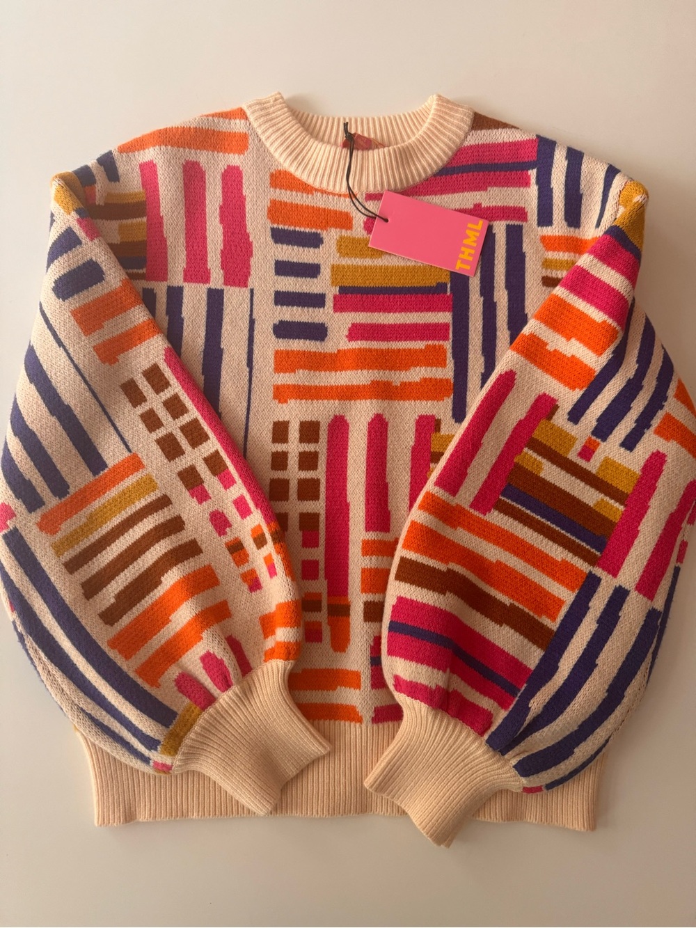 THML Cream Geometric Multicolor Crewneck Sweater NWT